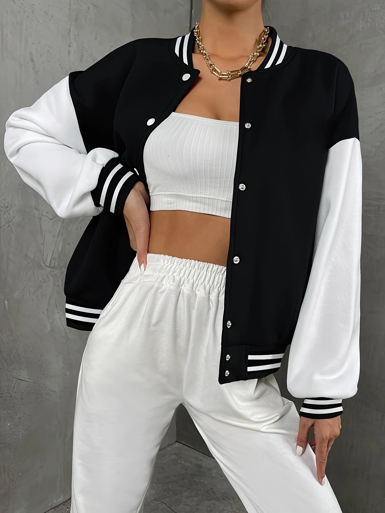 

Women's Solid Color Baseball Jacket Autumn and Winter Coat Round Neck Fashionable Casual Versatile Unisex Street Style