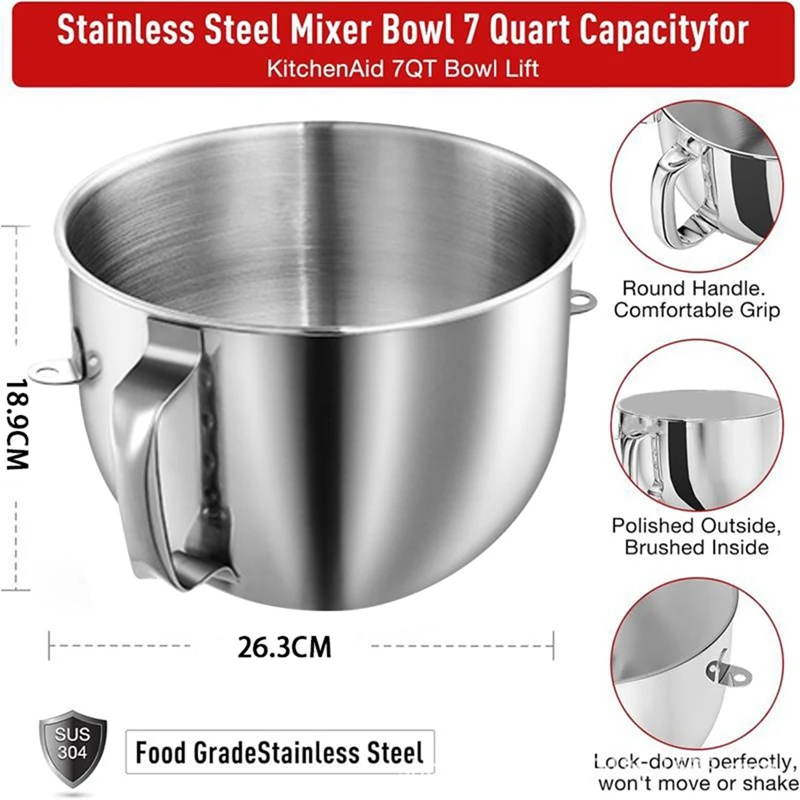 7QT Stainless Steel Mixer Bowl For Kitchenaid 7QT Tilt-Head Mixers KSM70SKXXV8 KSM70SKXXCA KSM70SKXXBK With Handle