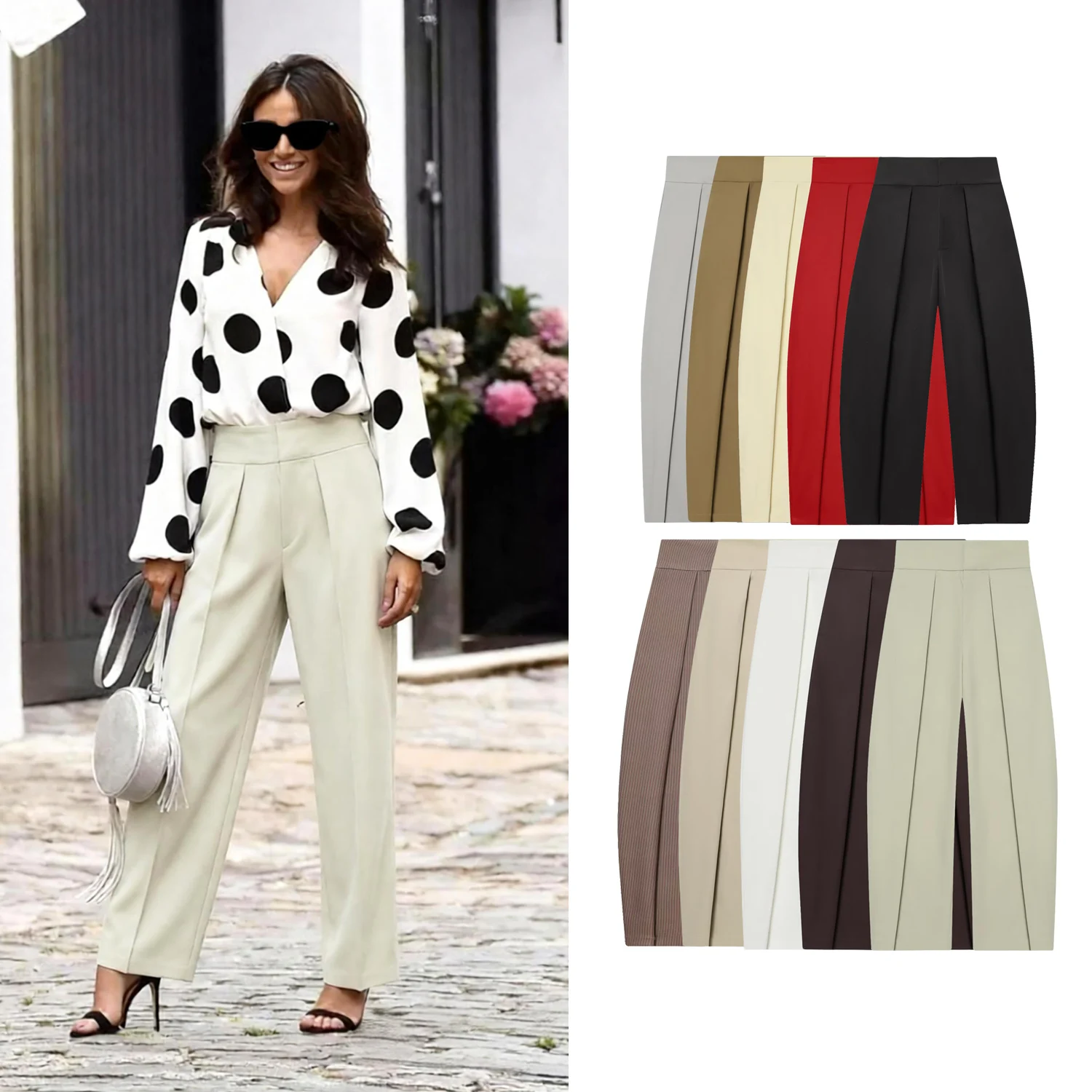 Women Vintage Elegant Pleated Balloon Version Pants Spring Autumn Female Zipper High Street Loose Pockets Trousers With Pockets