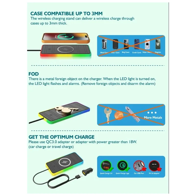 ที่ชาร์จไร้สายสำหรับใช้ในรถที่มีแผ่นกันลื่นสำหรับรถยนต์ RGB ชาร์จไร้สายเหมาะสำหรับ Apple ชิ้นส่วนอะไหล่