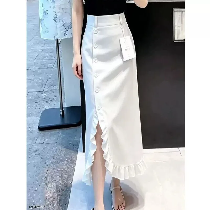 New Summer Fashion Slim Midi Skirt Women Elegant High Waist White Flounced Edge A-line Single Breasted Split Skirts