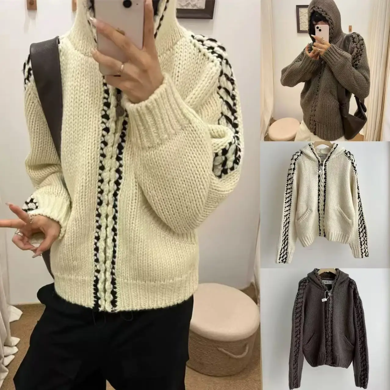 

Thiened вязаная толстовка с капюшоном на молнии для тяжелой промышленности, свитер, пальто, осень-зима, женское модное повседневное теплое длинное све