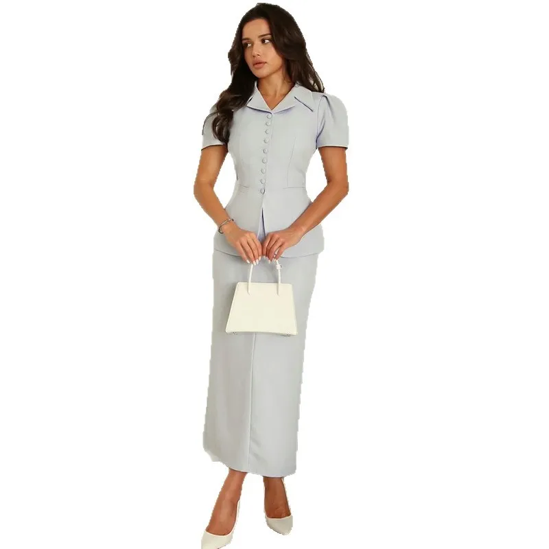 Women's clothing 2025 autumn new commuting style short sleeved suit top, high waisted skirt set slim and elegant work clothes