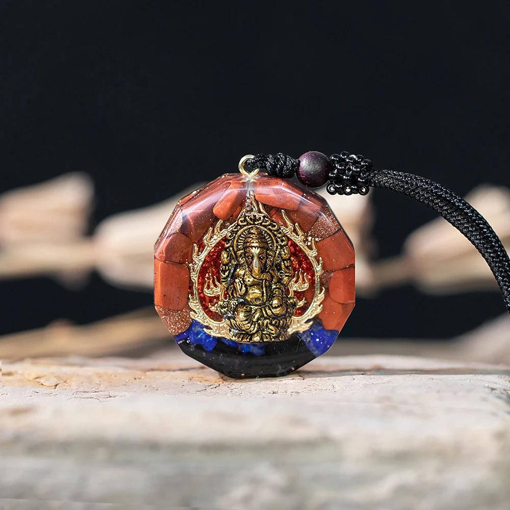 Handmade Ganesha Pendant Orgone Necklace For Men And Women - Protection And Healing Crystal Chakra Pendant With Adjustable Rope