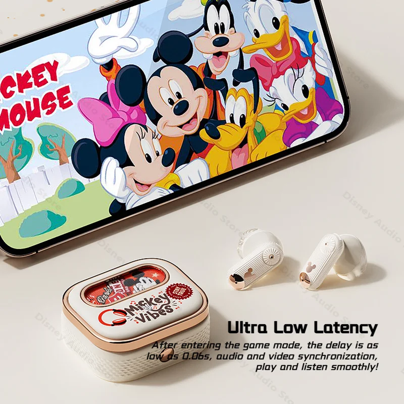 Headphone Gaming nirkabel, earbud Disney Mickey Mouse, lampu berkilau, headphone Gaming Bluetooth 5.3, peredam kebisingan, latensi rendah