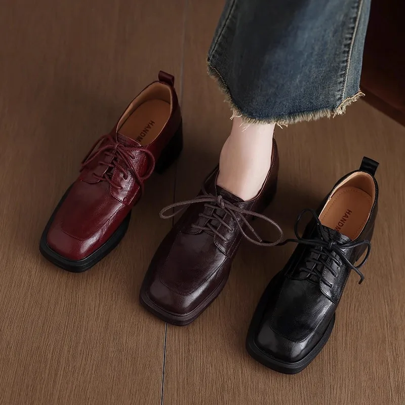 

Women Square Toe Thick Heel Lace Up Loafers Shoes Outdoor Casual High Heels Women Shoes Shallow Mouth Comfortable Leather Shoes
