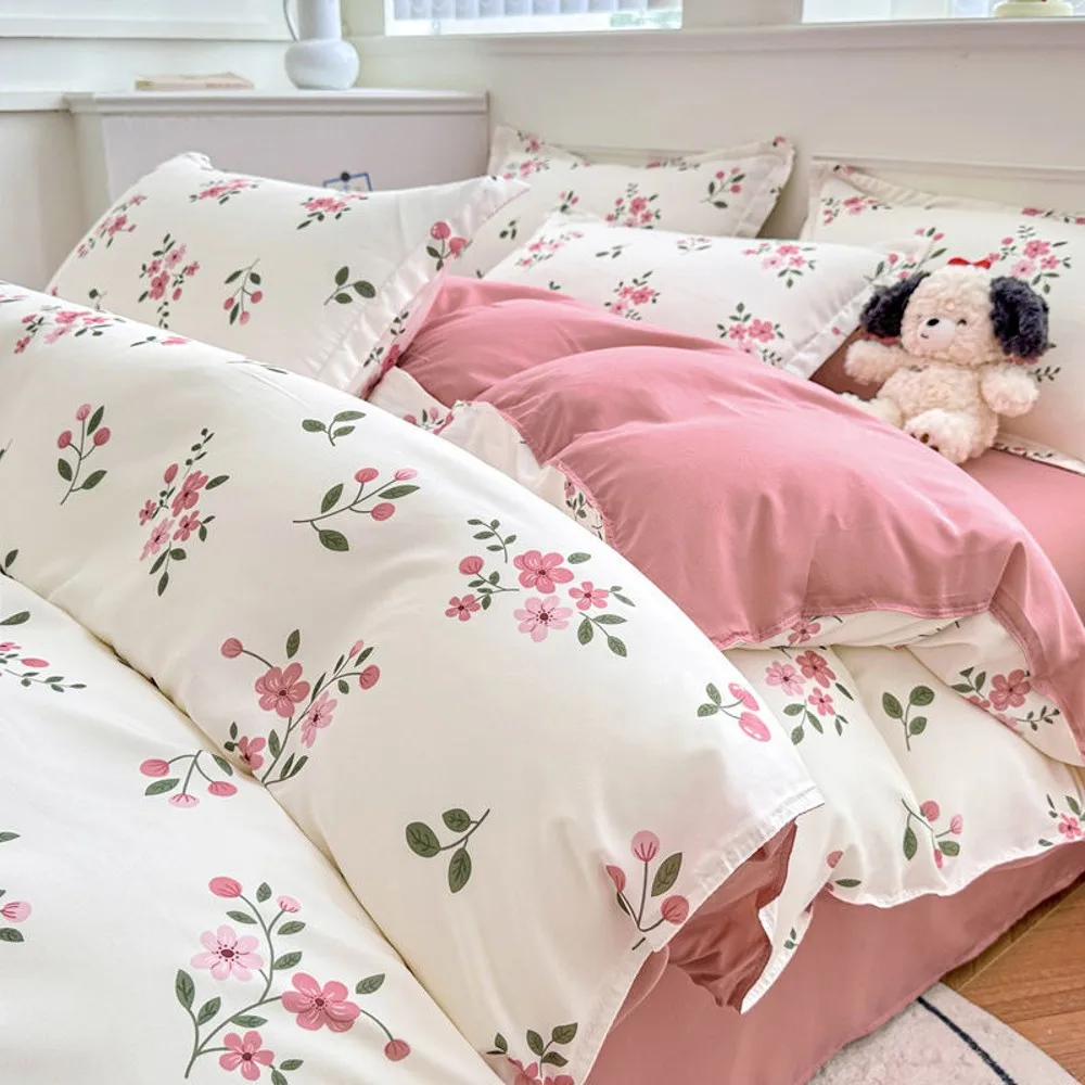 White Pink Duvet Cover Set Ins Floral Twin Queen Size Flat Sheet Pillowcase No Filler Girl Boy Home Dormitory Bedding Set