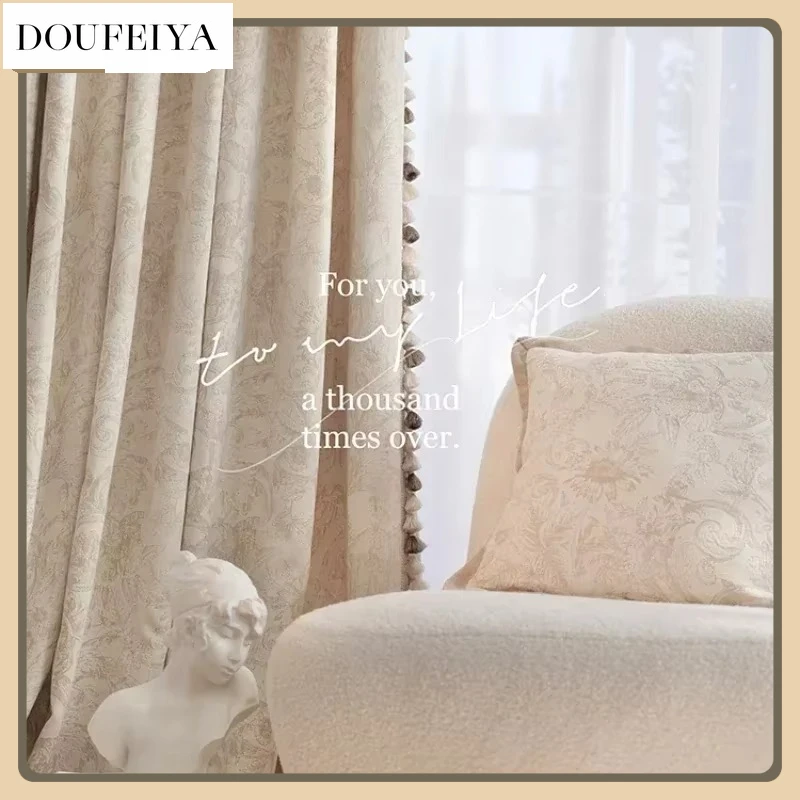 

French Cream Beige Thickened Chenille Jacquard Luxury Curtains for Living Room Bedroom Dining Bedroom Blackout Fashion Home