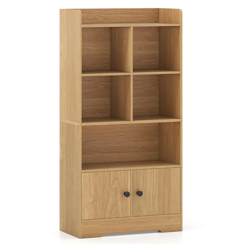 

4 Tiers Bookshelf with 4 Cubes Display Shelf and 2 Doors-Natural