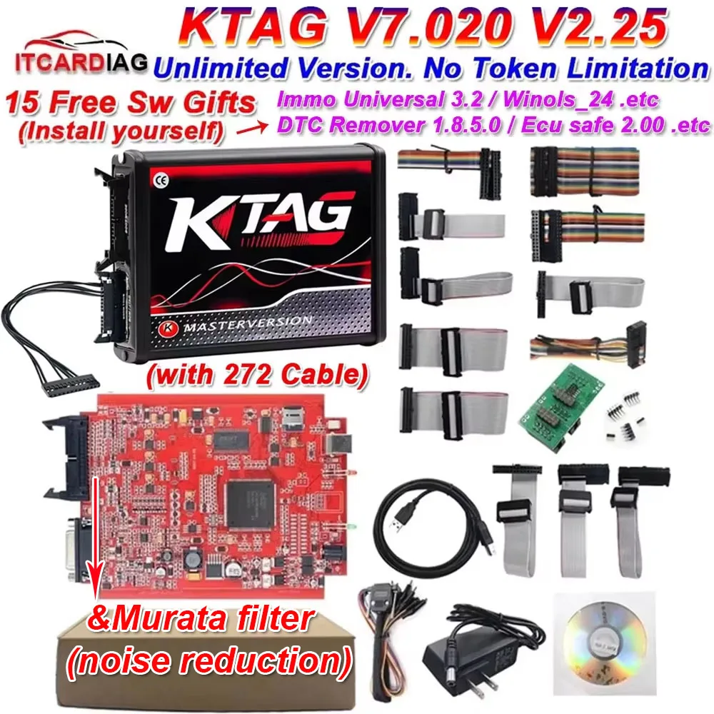 

Программатор Ktag ecu 2025 KTAG V7.020 V2.25 Красная печатная плата Красная Европейская неограниченная точка Сетевой онлайн с новым кабелем ЭБУ Ktag 272