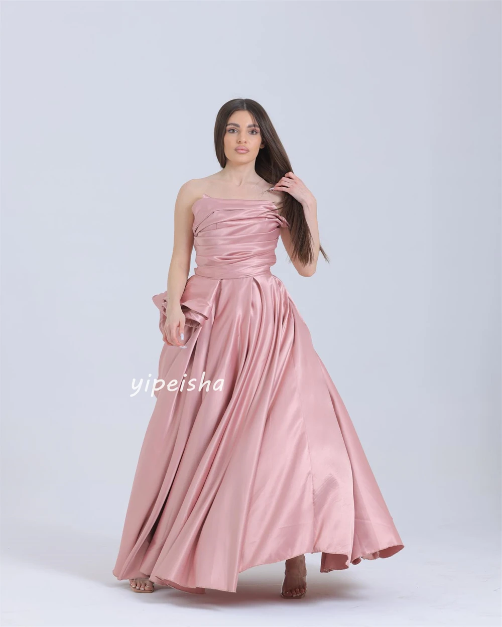 Jiayigong   Evening Saudi Arabia Satin Ruched Christmas A-line Strapless Bespoke Occasion Gown Midi Dresses