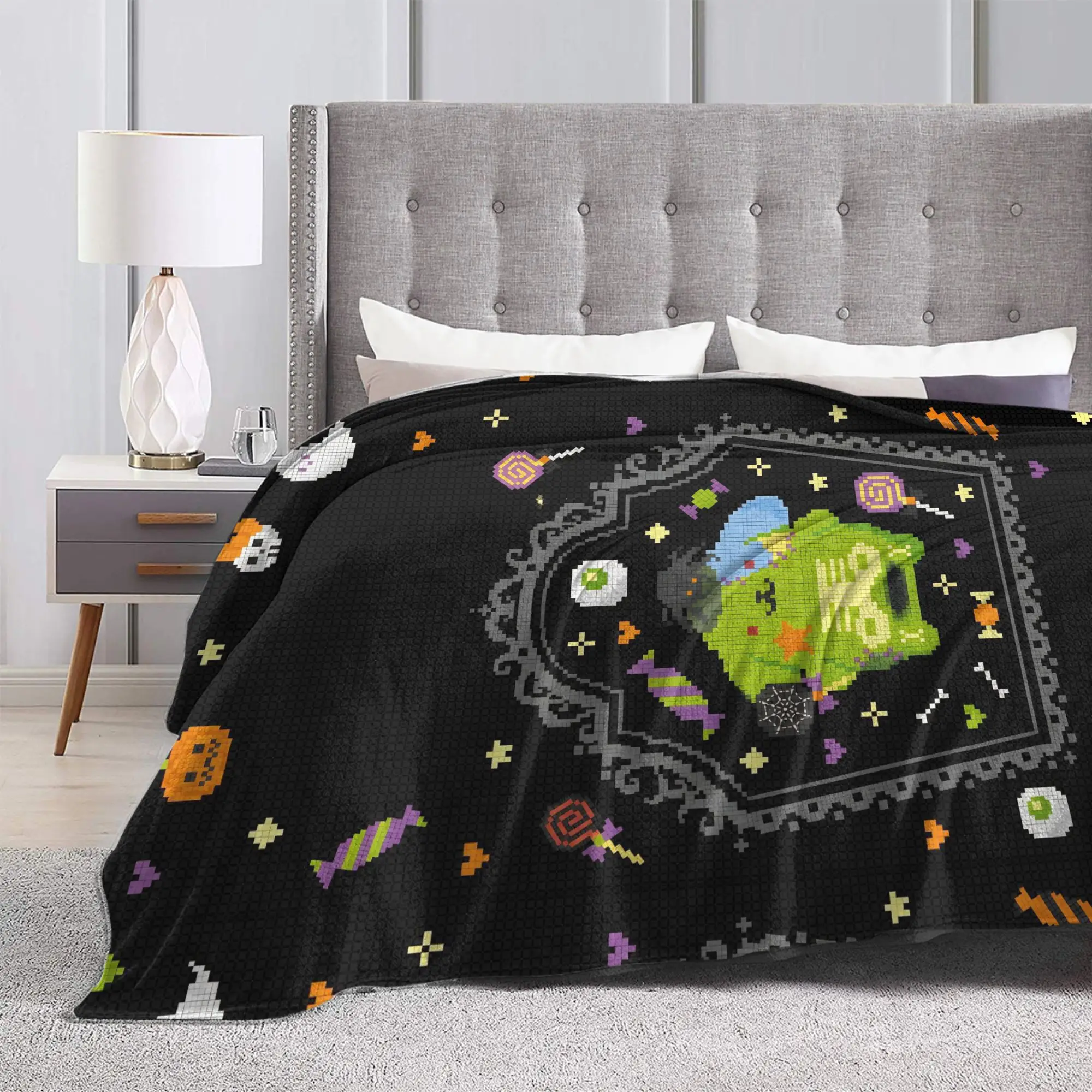 Halloween Pompompurins Blankets Flannel Winter Pixel Art Ghost Pumpkin Soft Throw Blankets for Sofa Travel Plush Thin Quilt