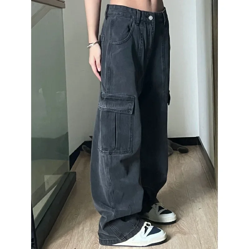 

Multi-Pocket Grey Vintage Streetwear Korean Y2K Baggy Cargo Jeans High Waist Straight Wide Leg Pants Denim Trousers