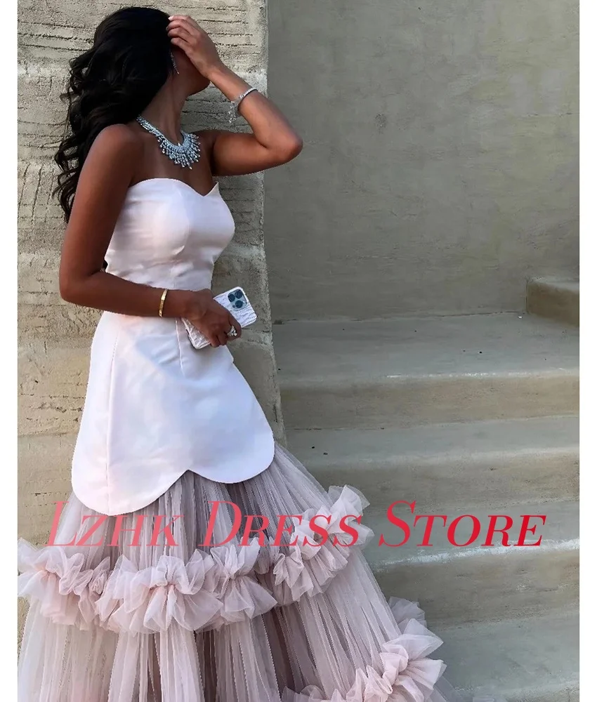 فستان سهرة مكشكش على شكل حرف A من التل رشيق مخصص عالي الجودة بدون أكمام على شكل قلب بطول الأرض فساتين شير