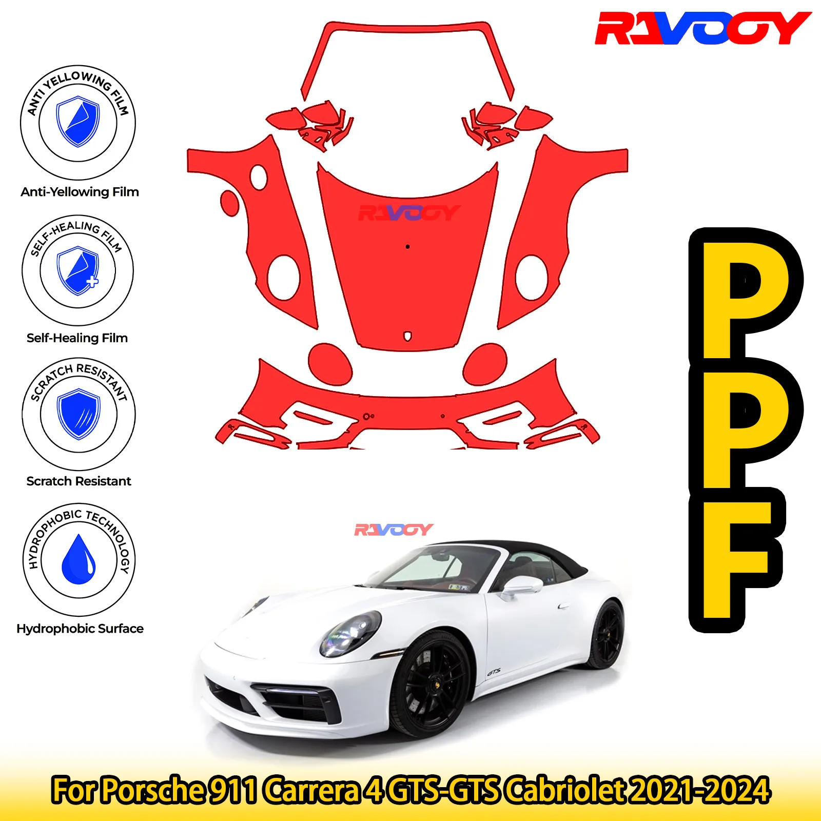

For Porsche 911 Carrera 4 GTS-GTS Cabriolet 2021-2024 Glossy Matte Black Precut front PPF Kit Paint Protection Film