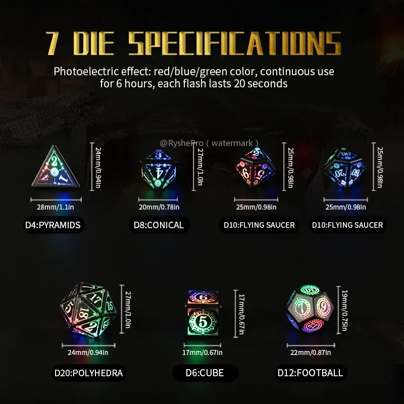 ชุดลูกเต๋า LED พร้อมกล่องชาร์จ DND รูปแบบลูกเต๋าเขย่าเพื่อจุดไฟสําหรับดันเจี้ยนและมังกรเล่นตามบทบาทลูกเต๋าสําหรับเกมบนโต๊ะ