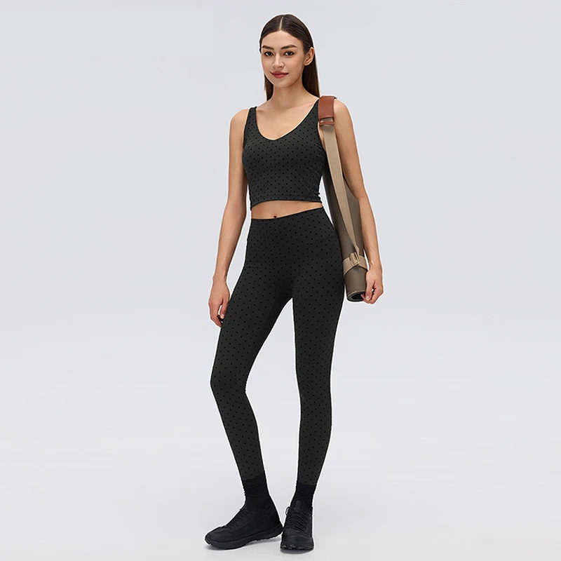 Women Black Polka Dot U Back Cami High Waist Tummy Control Butt Lifting Leggings 2Pcs Yoga Workout Set