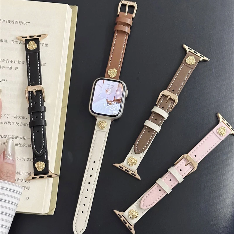 Korean Two Color Leather Metallic Camellia Strap For Apple Watch 49 45 44 42 41 40 38 MM Ladies Bands For iwatch 9 8 7 6 5 4 SE