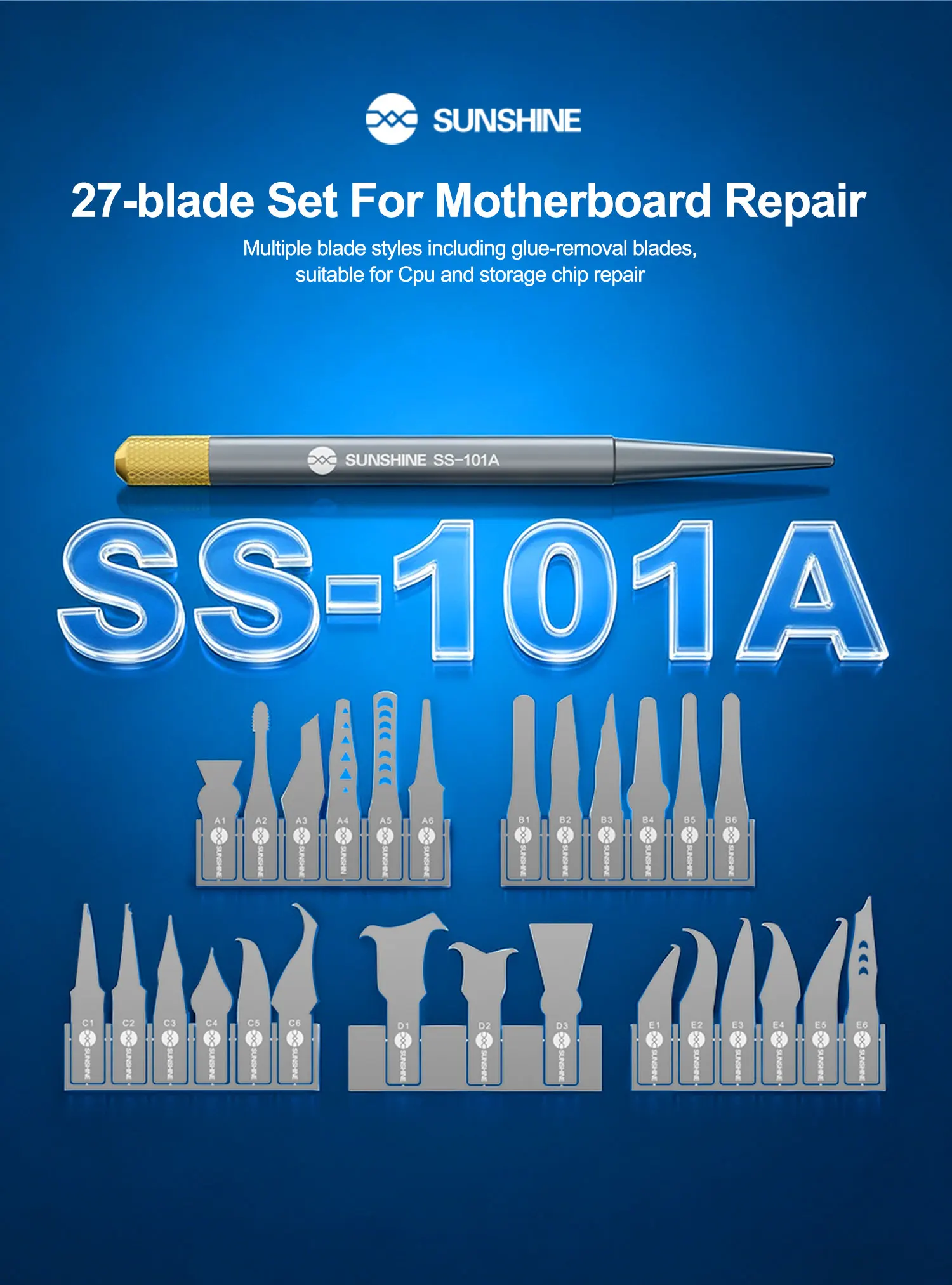SUNSHINE SS-101A 27PCS IC Pry Tool Set 0.12MM Ultra Thin Blades for Phone BGA Chip Removal CPU Repair Storage Chip Rework Tools