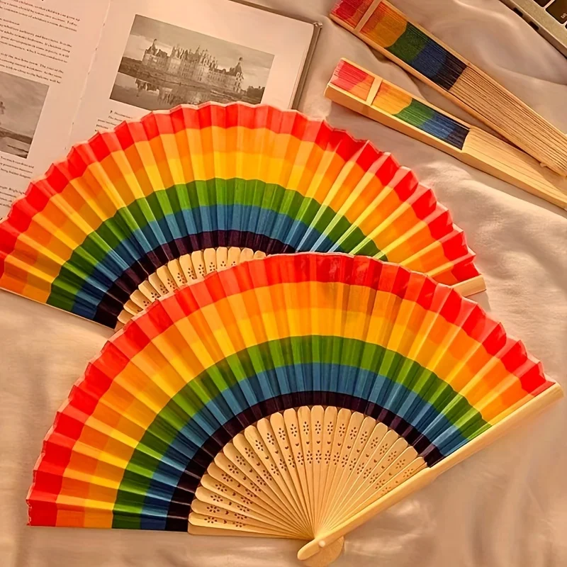 

20PCS Rainbow Foldable Bamboo Fan - Travel-Size Handheld Fan for Ladies