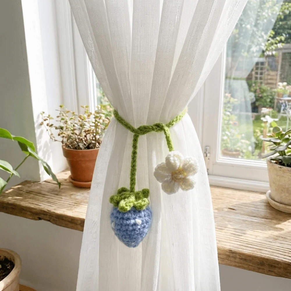 Wool Woven Crochet Curtain Tie Back Floral Design Handmade Hand Knitted Flower Bookmark Strawberry/Sunflower Cute Curtain Strap