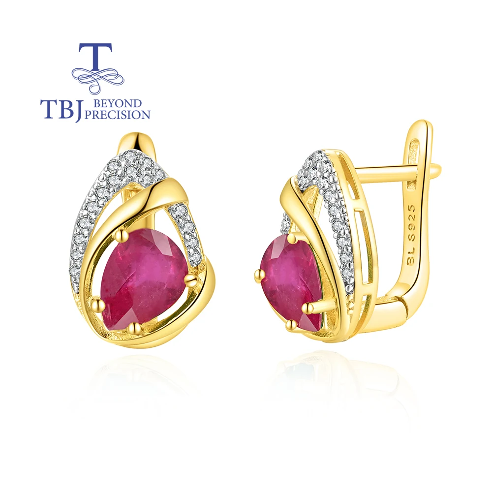 Tbj exquisite 3.74ct natural pear 6*8mm filled ruby clasp earrings 925 Sterling Silver fine jewelry for women's engagement gift - Image 2