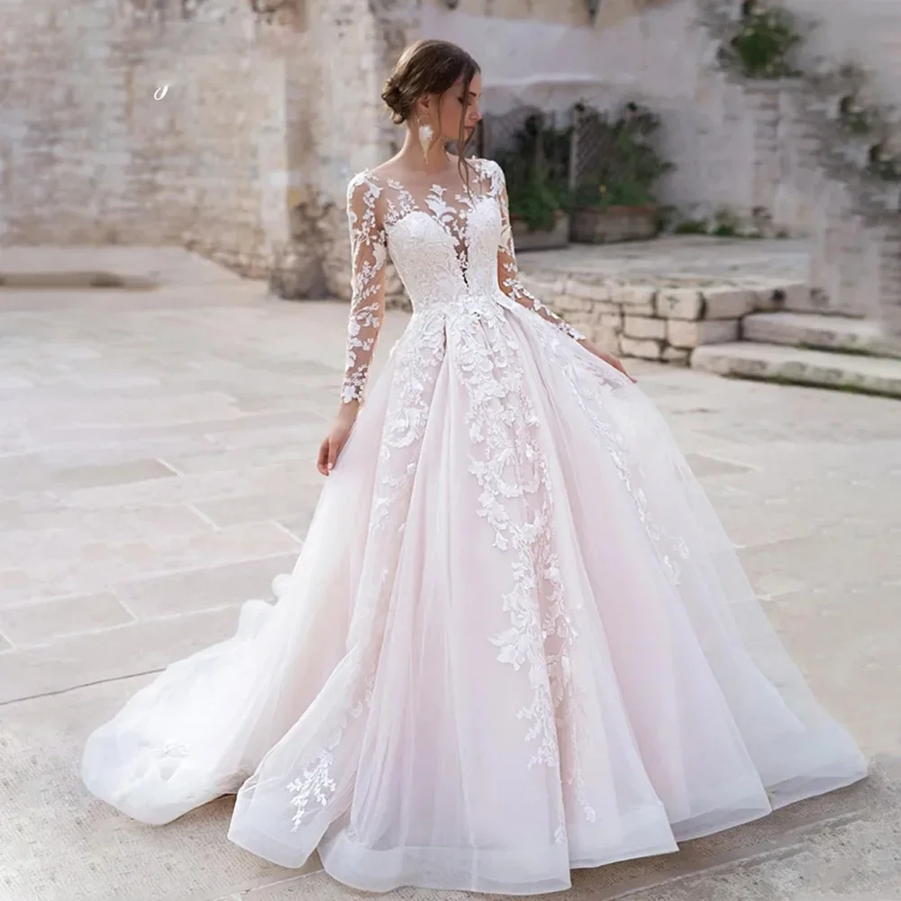 Customized Dream Pink Long Sleeve Wedding Dress With Lace Appliques O-Neck Button Royal Train Bride Dress Princess