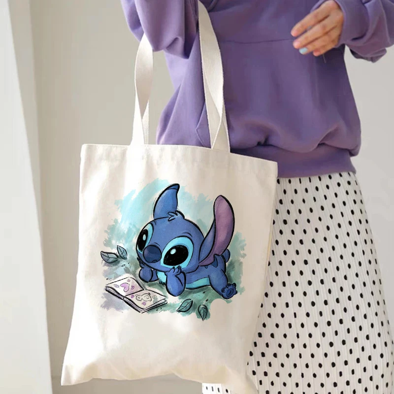 Streetwear Disney Stitch Tote Bag Shopper Borsa a tracolla in tela Eco Lilo e Stitch Shopping Bag Donna Tote Harajuku Donna