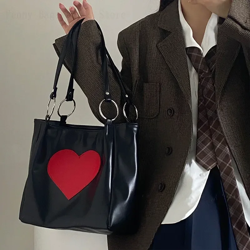 PU Leather Shoulder Bag Large Capacity Tote Bag Women Heart Print Soft Tote  Luxury Ladies Shopping