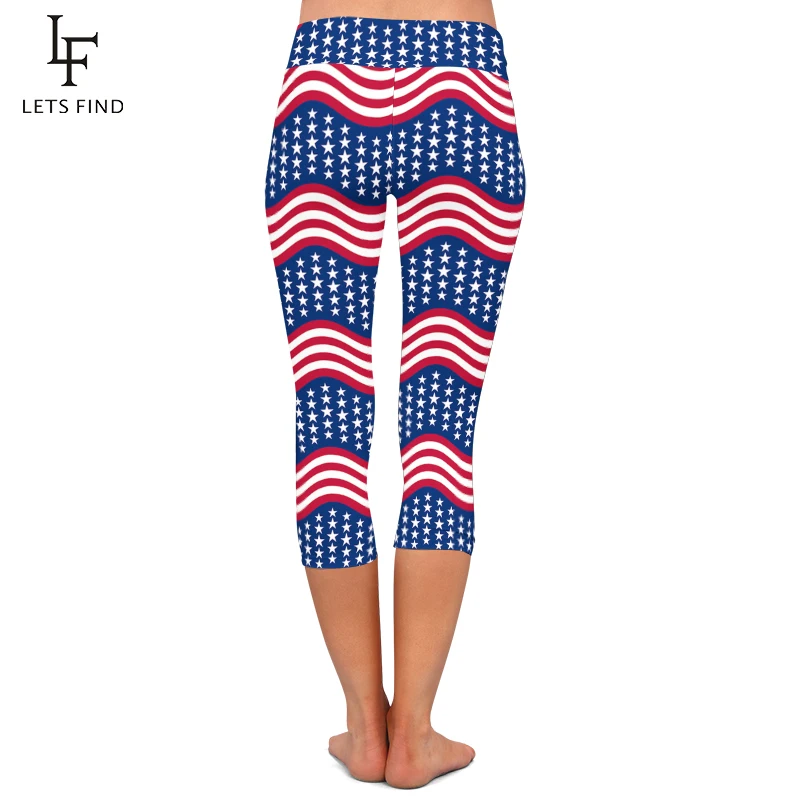 LETSFIND Baru Kedatangan Legging Kapri Wanita Gambar Bendera Amerika Pinggang Tinggi Legging Regang Fitness Celana 3/4 Setengah Betis