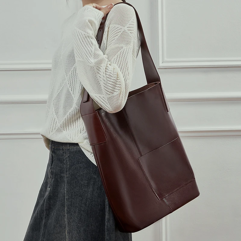 

Burminsa Cowhide Bucket Tote Bag Women 2026 Retro Genuine Leather Shopping Shoulder Bag Large Capacity Female Handbags For Work