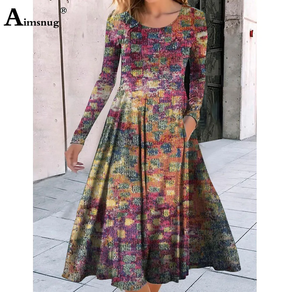 Plus Size 3xl Women Elegant Mid-Calf Dress Womens Long Sleeve Boho Flower Print Dresses Femme Vintage A-line Dress Clothing 2023