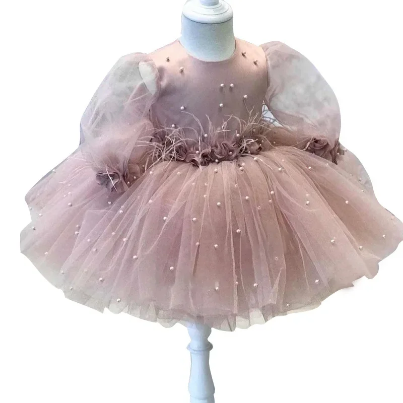 Robes de soirée en dentelle perlée pour enfants, robe moelleuse formelle, vêtements de boutique pour bébé, robes de princesse pour baptême, anniversaire, mariage