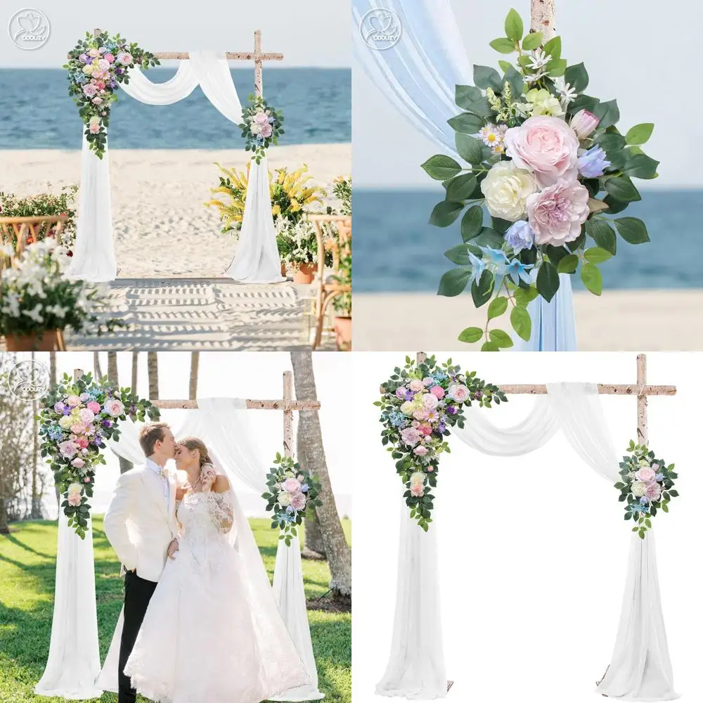 

Set of 3 Artificial Flower Arches with 2 Arrangements and Sheer Drape for Wedding Reception Decor in Bluish Pink