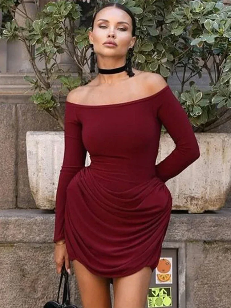 Trendix plisowana obcisła Mini sukienka damska seksowna Off ramię wysokiej talii sukienki z długim rękawem Femme Party elegancka bordowa sukienka
