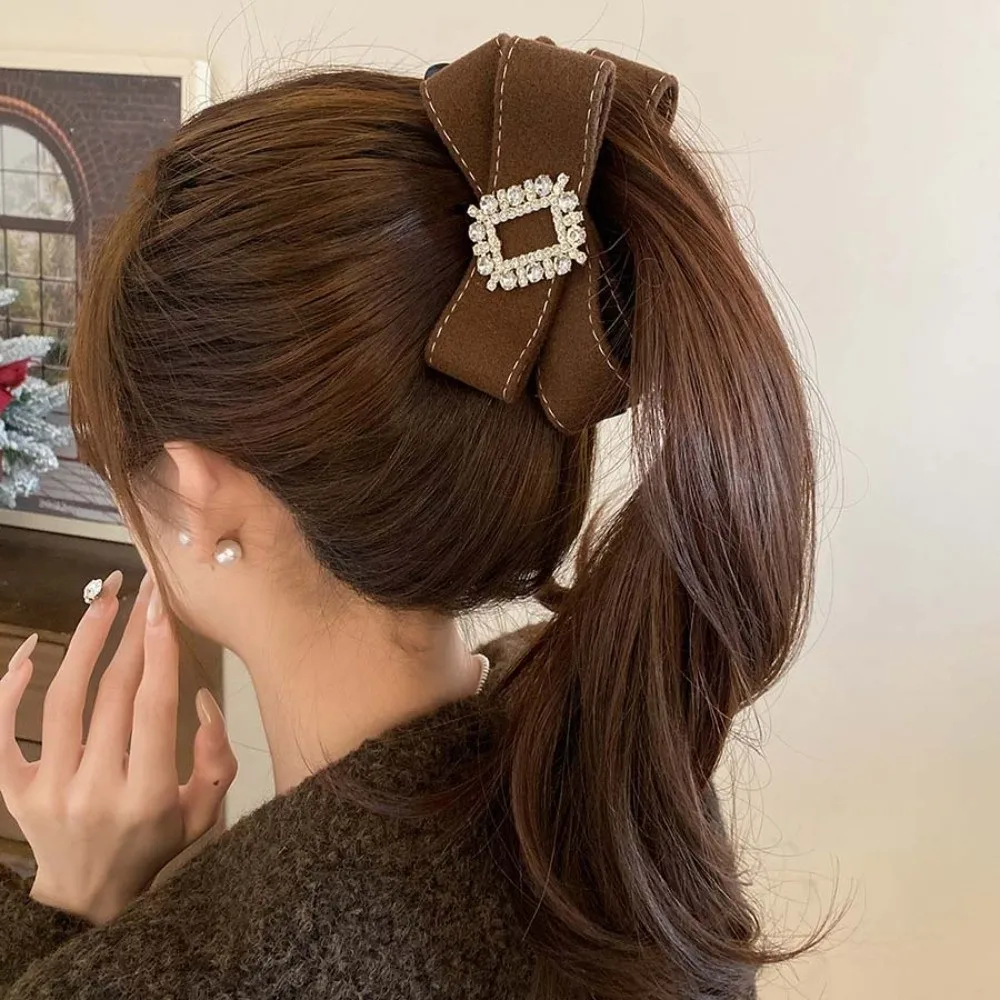 

Hair Accessories Elegant Bow Banana Clip Plastic Square Rhinestone Women Vertical Clip Hairpins Polyester Ponytail Holder Female