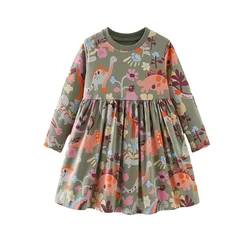 Jumping Meters 2-7 Hot Selling Princess Girls Dresses Dinosaurs Cotton Long Sleeve Children's Clothes Party Fashion Kids Frocks