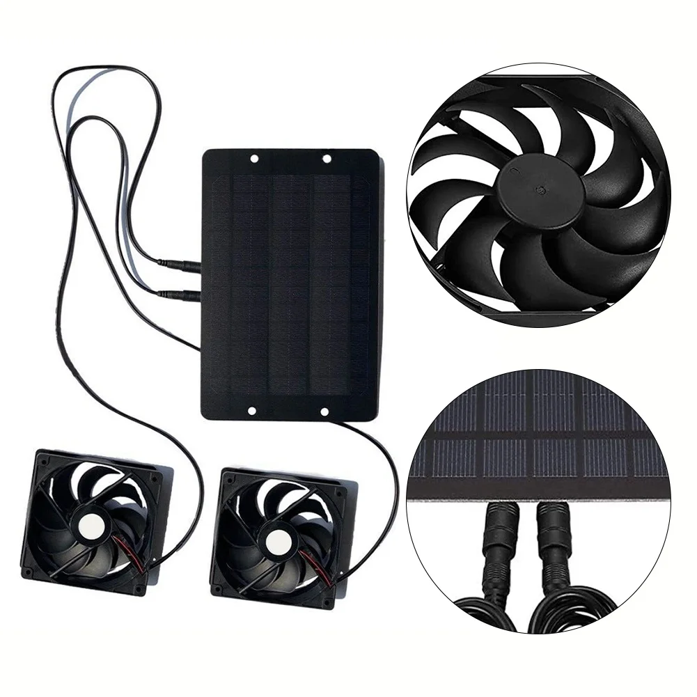 Solar Powered For Exhaust Fan 12V 10W Dual Motor Black For Camping Greenhouse Chicken Ventilation Cooling System
