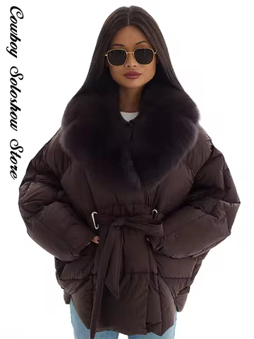 Women Faux Fur Collar Batwing Sleeve Padded Jacket Winter Warm Lace Up Pockets Jackets Lady New Daily Casual Fashion Outwear