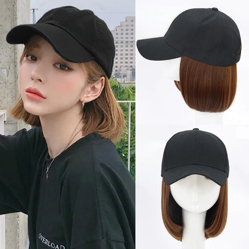 Short Straight Baseball Wig Synthetic Natural Bob Wig Black Hat Wigs Cap with Hair Connect Baseball Cap Adjustable for Women