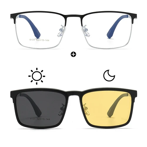 Imagen 2 del producto Gafas de Sol Polarizadas 1 en 3 con Clip Magnético de Visión Nocturna, Gafas Graduadas Personalizadas TR90, Gafas de Miopía Cuadradas Grandes de Metal para Hombre