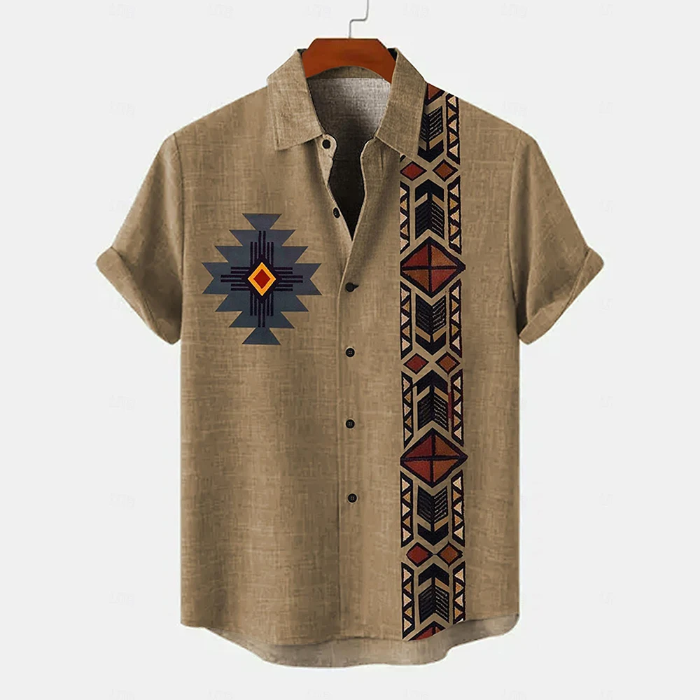 Vintage Men\'s Shirt Ethnic Pattern Print Short Sleeve Lapel Shirts Summer Male Oversized Clothing Fashion Casual Streetwear