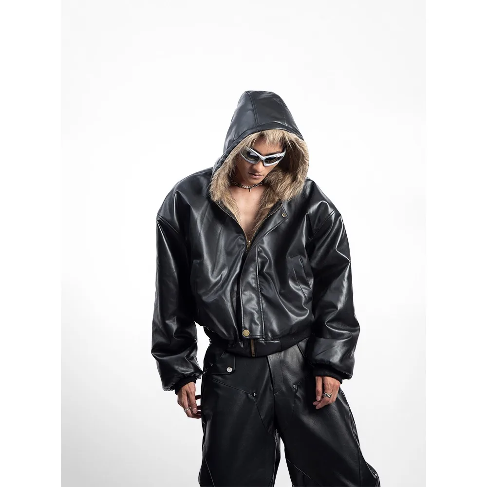 American Style Men's Padded Jackets PU Leather Reversible Faux Fur Fleece Thickened Solid Color Loose Male Coats Tide