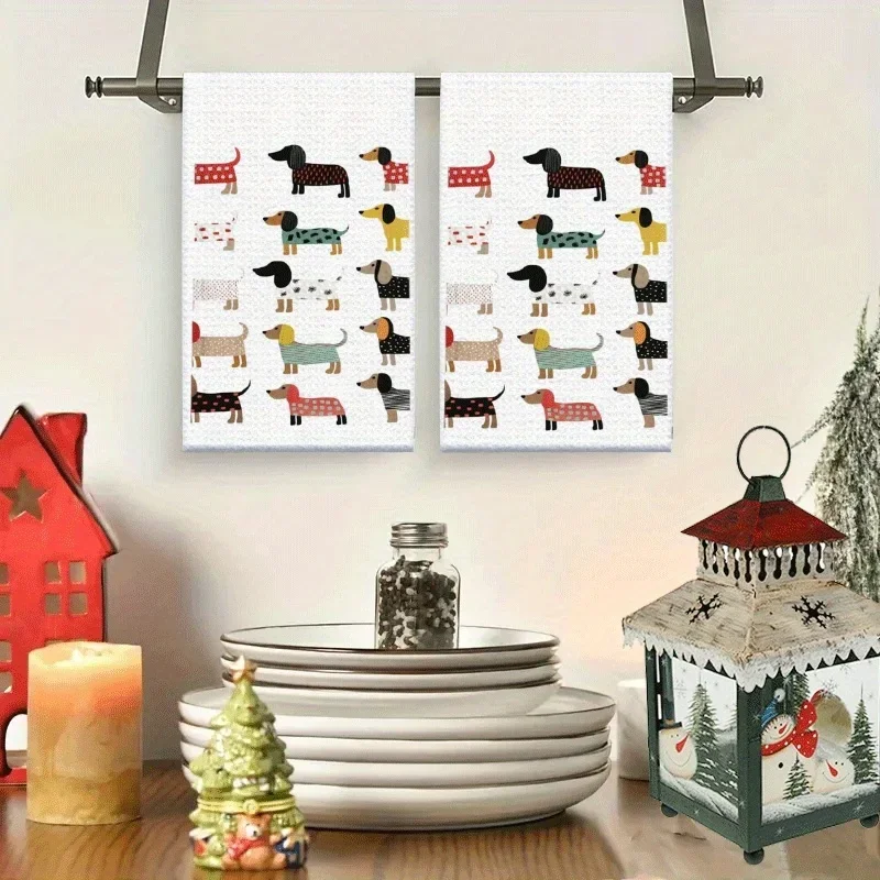 Christmas 2Pcs, Dachshund Kitchen Towels, 40Cm*60Cm Towel Set, Super Absorbent Soft Cleaning Cloth, Cooking and Baking Tea Towel