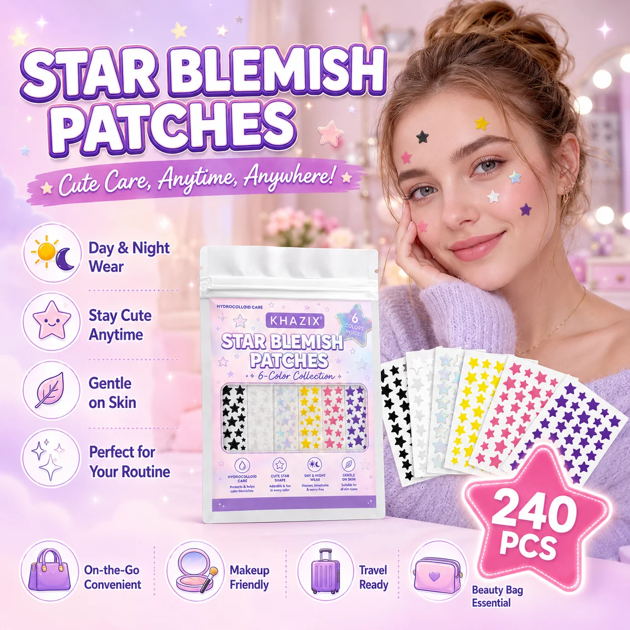 240PCS Star Pimple Patches For Face Hydrocolloid, Absorbing Cover, Tea Tree, Hydrocolloid Acne Patch, Cute Star Pimple view 6
