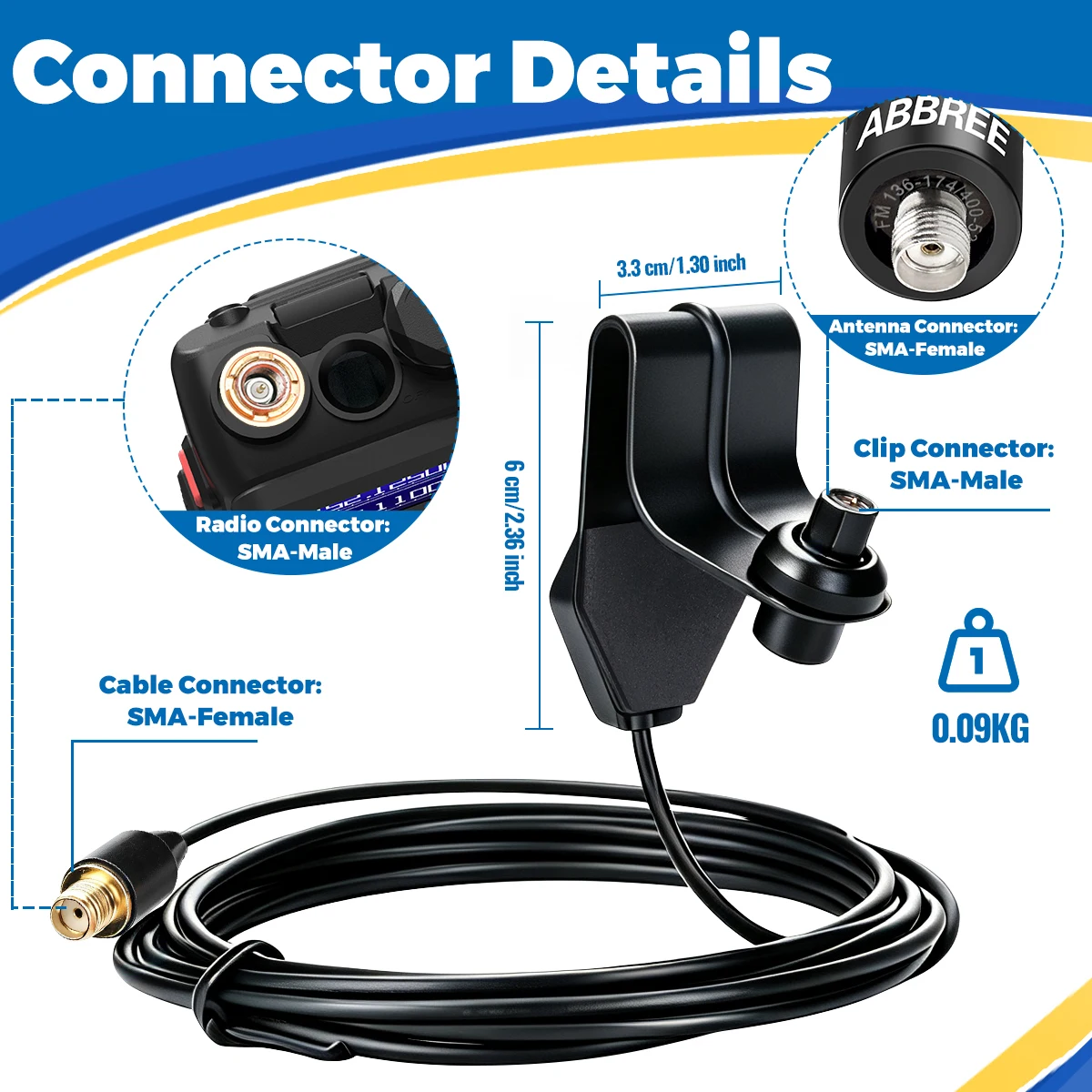 ABBREE Fensterclip-Antennenverlängerungskabel für Walkie-Talkies, kompatibel mit Baofeng UV-5R, Mini UV-32, Quansheng K5, Radtel RT-950 Pro. – Detail 1