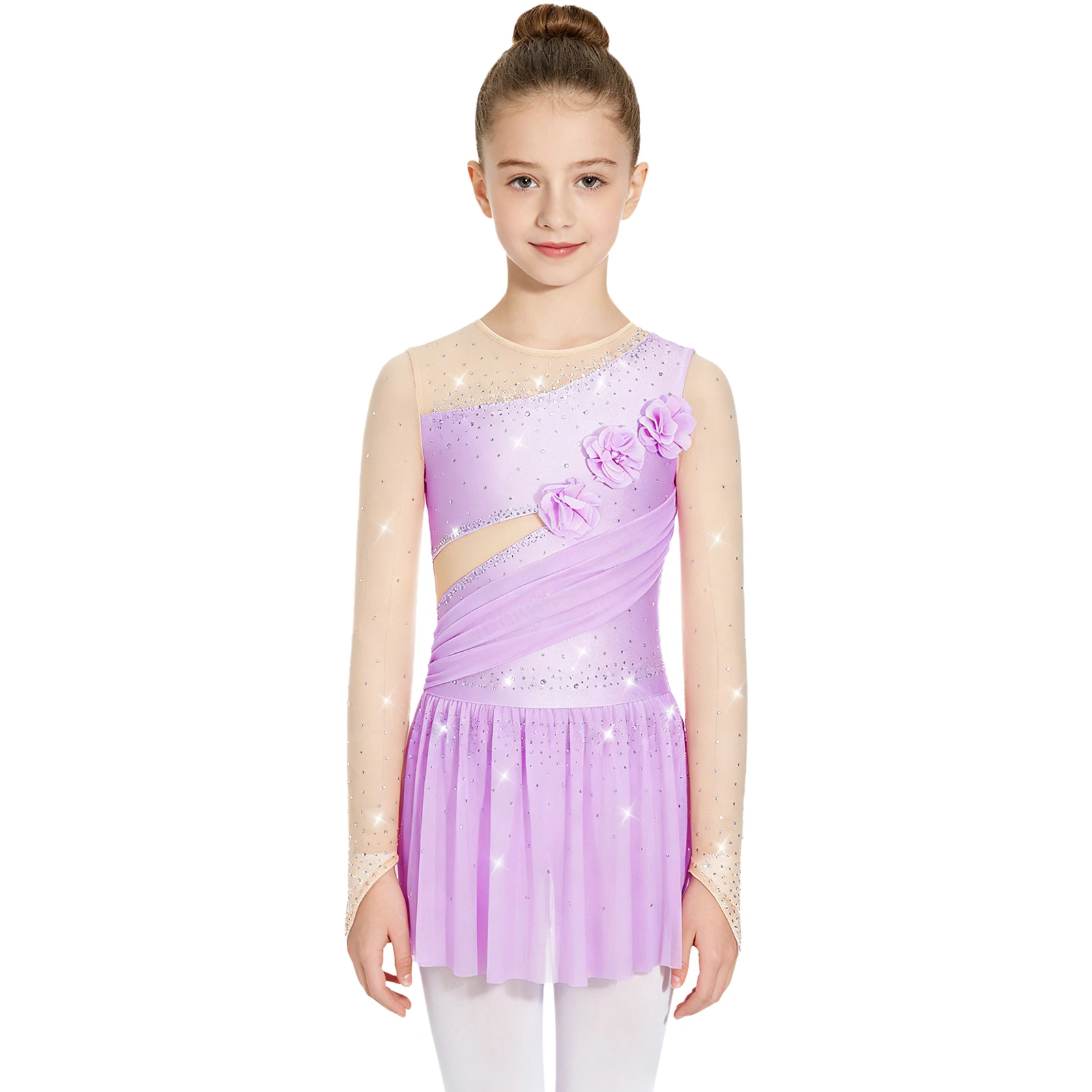 Mädchen Glänzendes Strass-Gymnastik-Ballett-Lyrical-Tanz-Auftrittskostüm Langarm 3D-Blumen Eiskunstlauf-Netzkleid – Detail 10