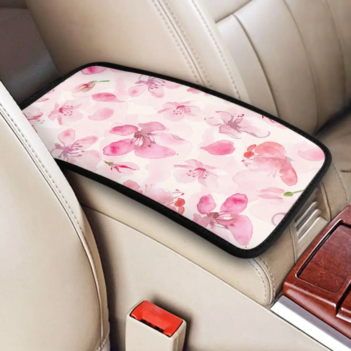 Cherry Blossom Tree Pink Flower Car Armrest Cover Mat Leather Center Handle Box Pad Cushion Waterproof Car Interior Cushion