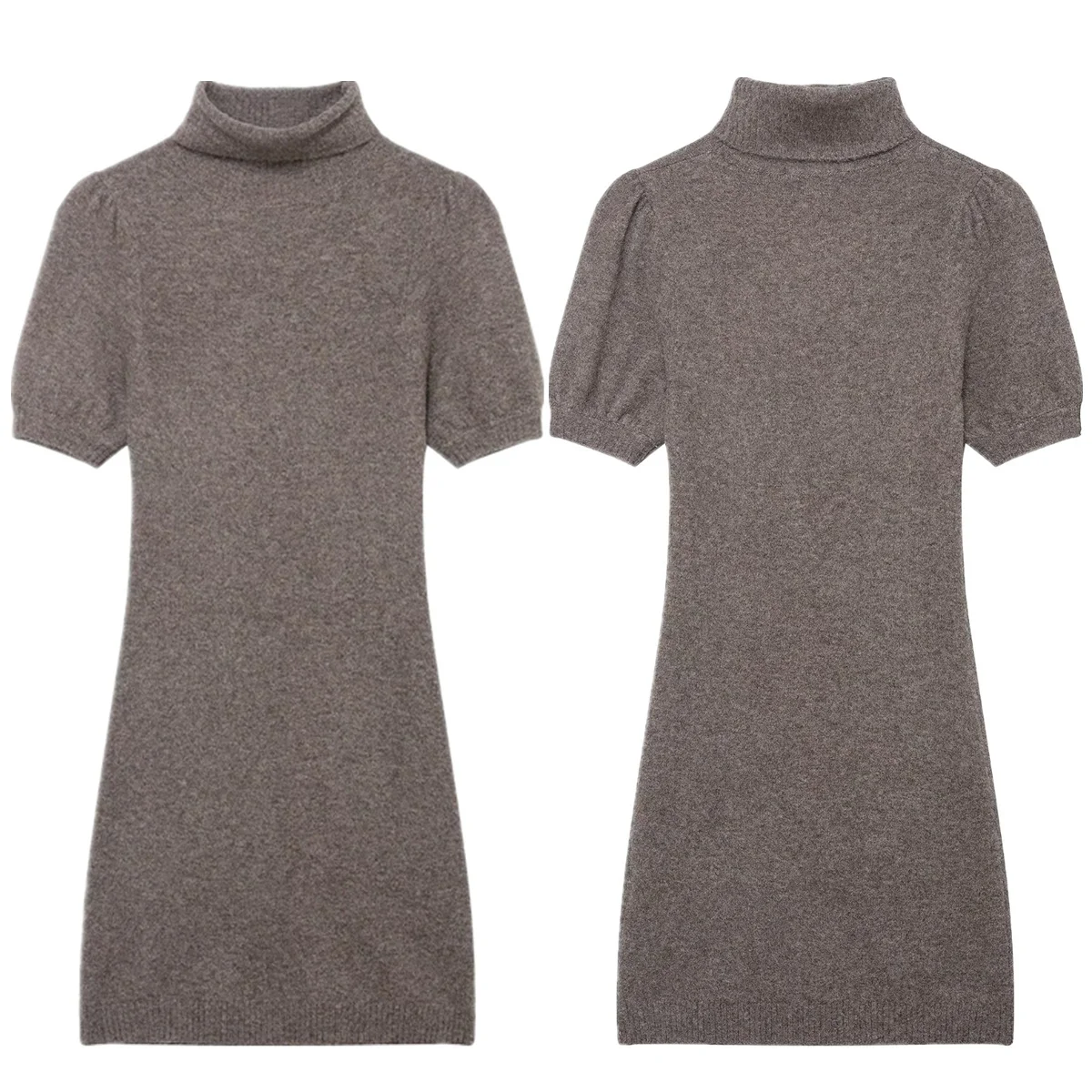 

Jenny&Dave Minimalist Dark Khaki Knitted Dress Turtleneck Short Sleeved Slim Fit Mini Dress Elegant Party Dresses Vestidos Women