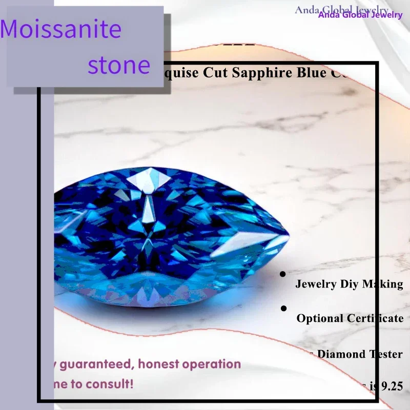 

M-Moissanite Stone Marquise Cut Sapphire Blue Color VVS1 with GRA Certificate for Gemstone Charms Advanced Jewelry Making Materi